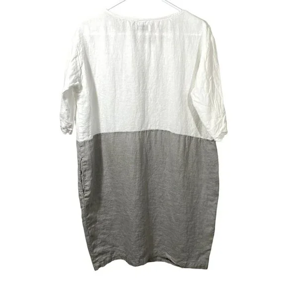Magic Linen Women's Adria Color Block Linen 3/4 Sleeve Dress Size M White Gray - Picture 2 of 9